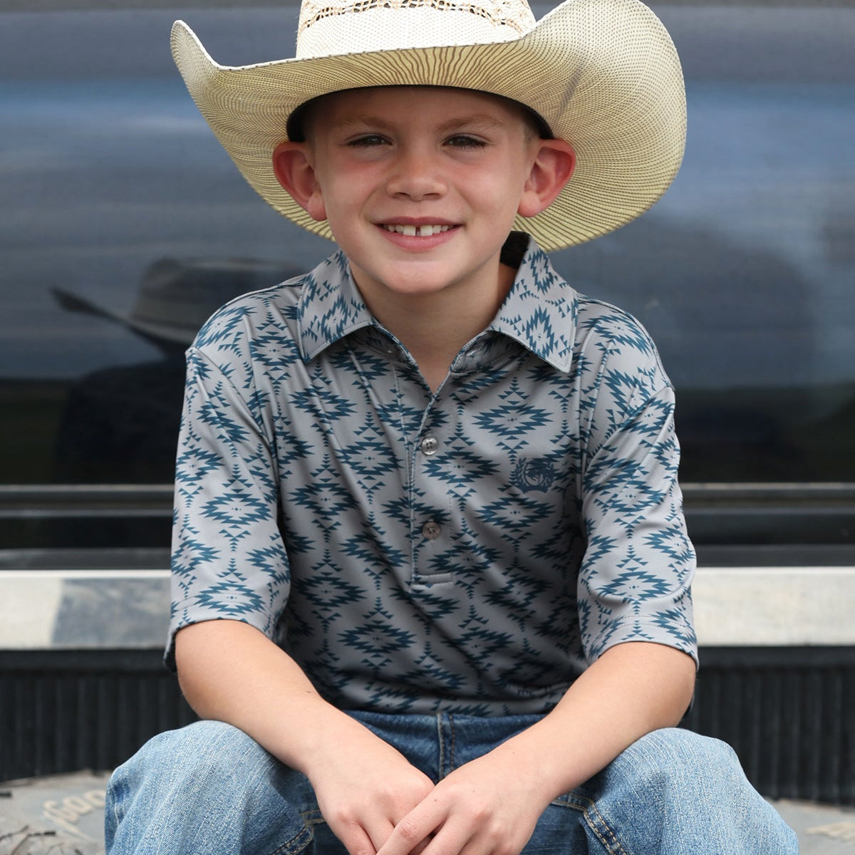 Cinch Youth Boys S/S Western Print Polo in Grey