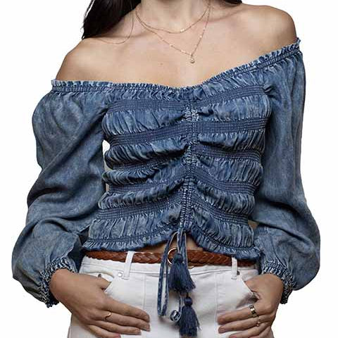 Scully Women's Long Sleeve Smocked Square Neck Blouse in Blue