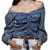 Scully Women's Long Sleeve Smocked Square Neck Blouse in Blue