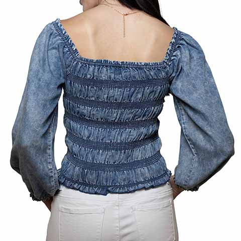 Scully Women's Long Sleeve Smocked Square Neck Blouse in Blue