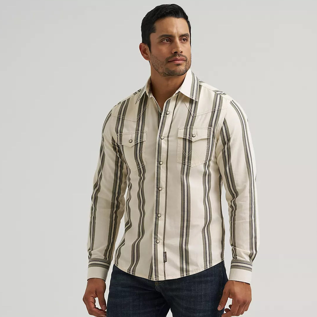 Wrangler Retro® Men's L/S Premium Stripe Western Snap Shirt in Olivine