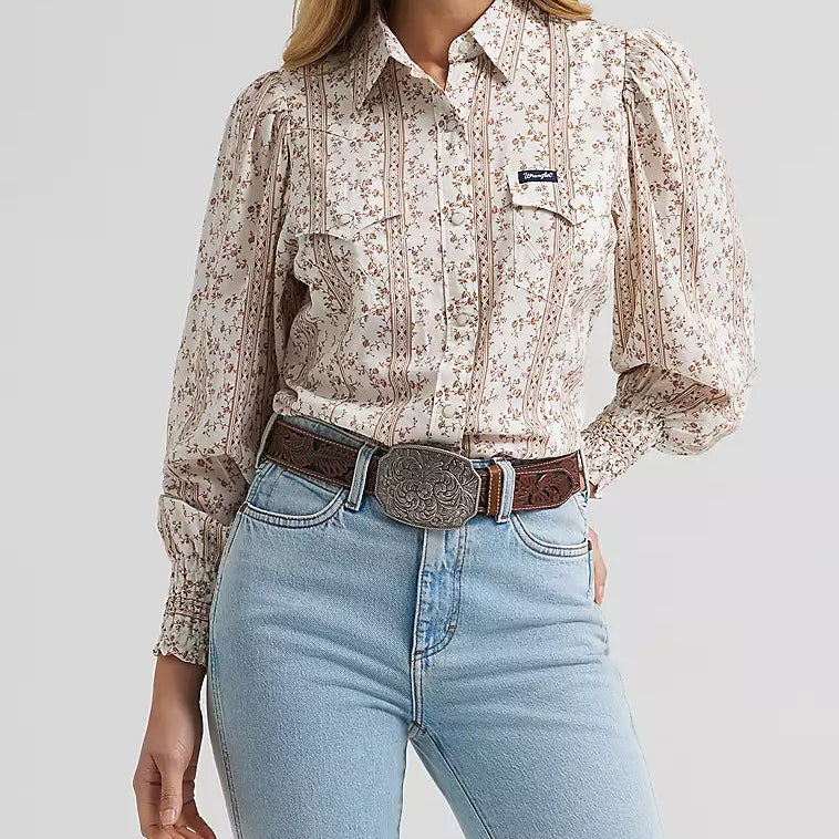 Wrangler Women's L/S Smocked Sleeve Western Snap Blouse in White