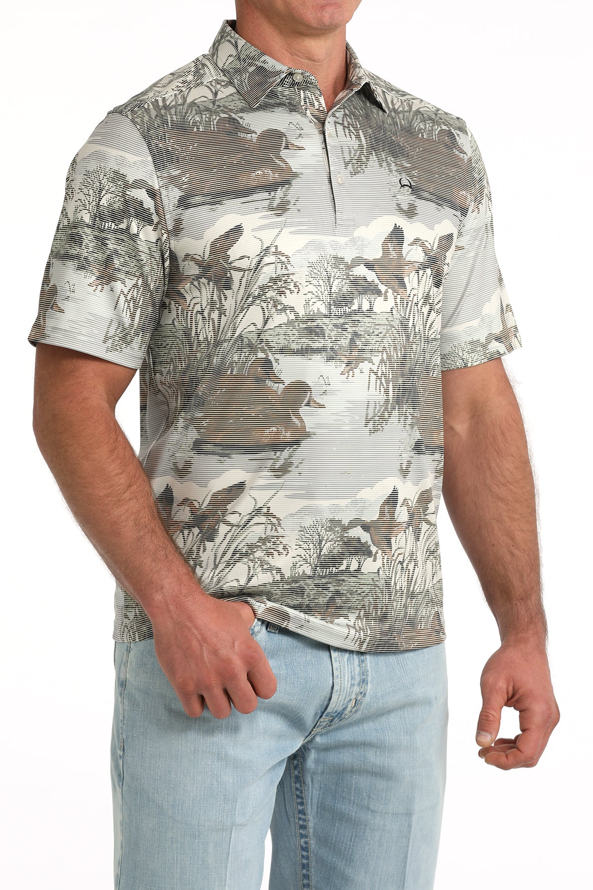 Cinch Men's S/S Arenaflex Western Print Polo in Multi Duck Print