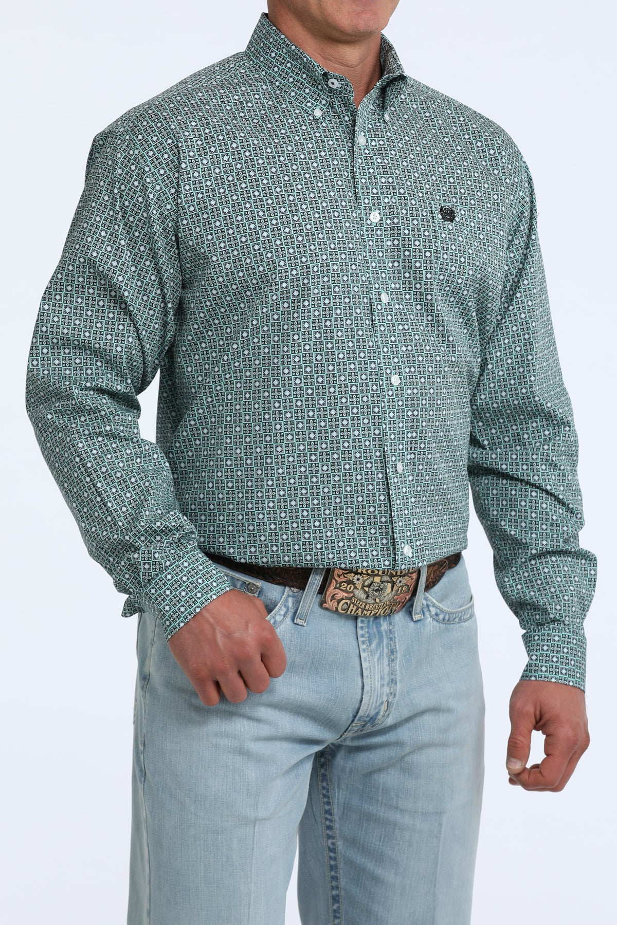 Cinch Men's L/S Classic Fit Button Down Western Shirt in Aqua Geometric