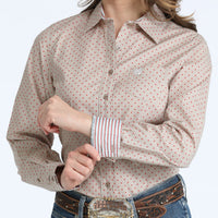 Cinch Women's L/S Geo Print Western Button Down Shirt in Khaki/Red