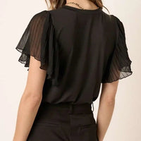 Women's Mixed Media Pleated Ruffle Sleeve Top in Black