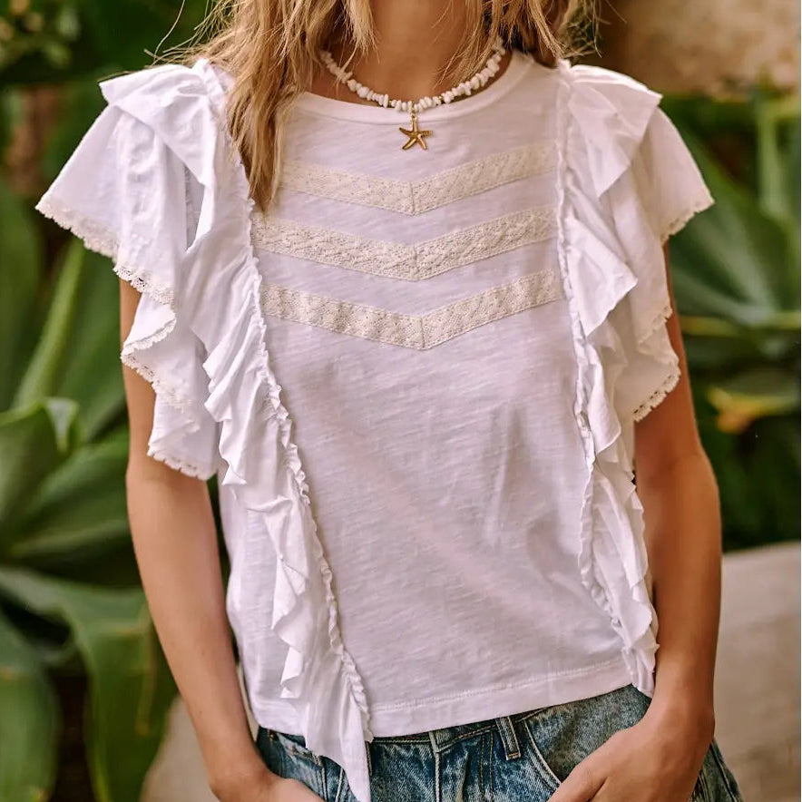 Women's Lace And Ruffle Sleeve Top in White