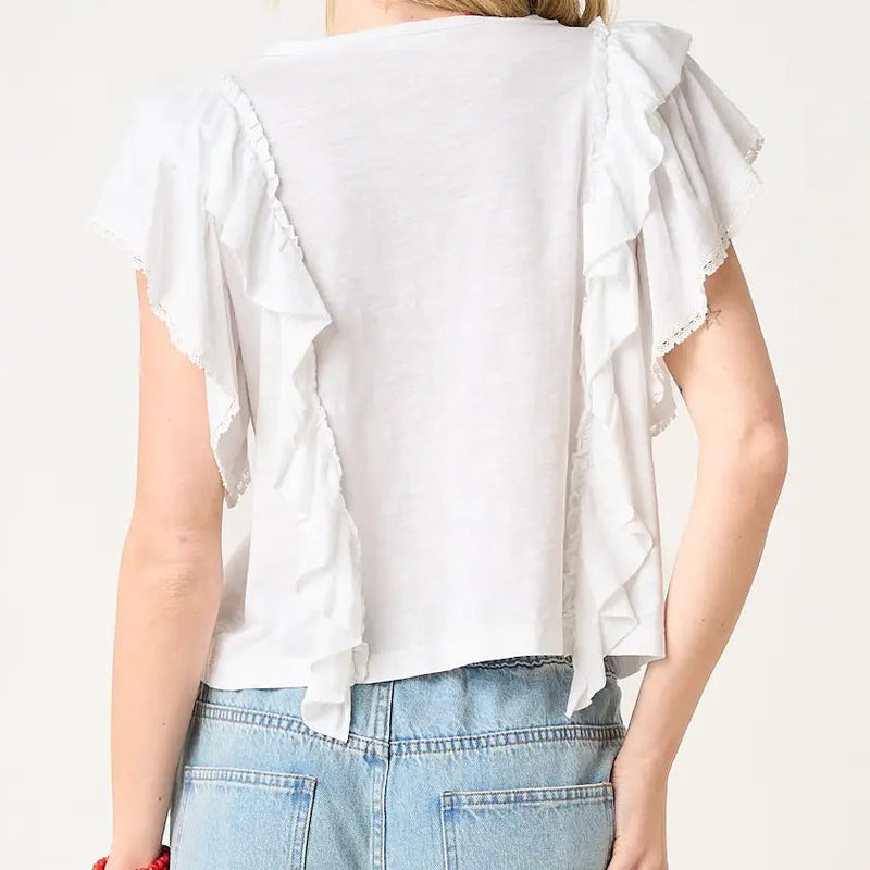 Women's Lace And Ruffle Sleeve Top in White