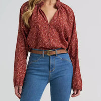 Wrangler Women's L/S Button Front Princess Blouse in Burgundy