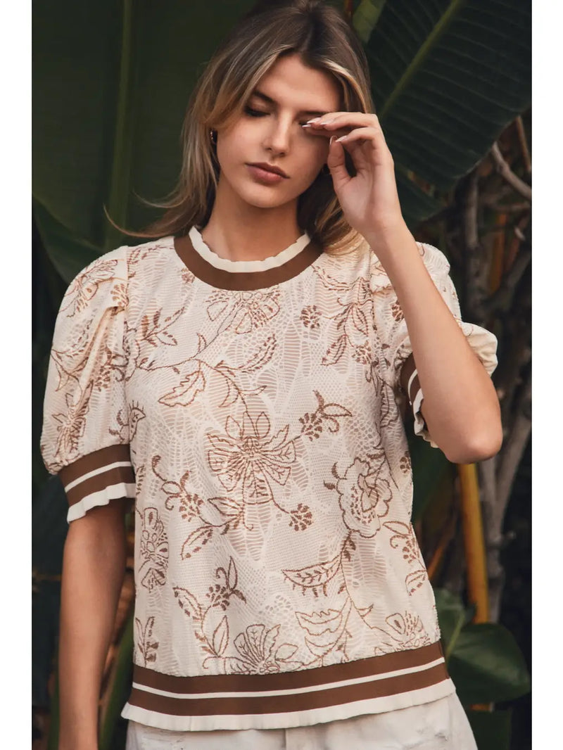 Women's Lightweight Printed Short Sleeve Blouse in Taupe Multi (Available in Regular and Plus Sizes)