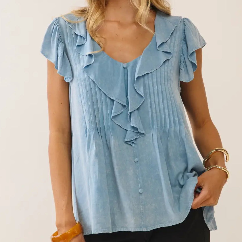 Women's Ruffle Trim Cap Sleeve Top in Washed Blue (Available in Regular and Plus Sizes)