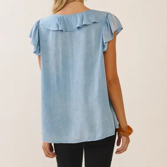 Women's Ruffle Trim Cap Sleeve Top in Washed Blue (Available in Regular and Plus Sizes)