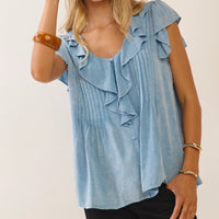 Women's Ruffle Trim Cap Sleeve Top in Washed Blue (Available in Regular and Plus Sizes)