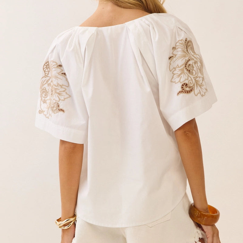 Women's Plus Size Embroidered Puff Sleeve Top in White