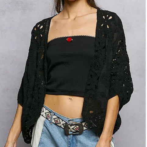 Women's Batwing Sleeve Crochet Top in Black