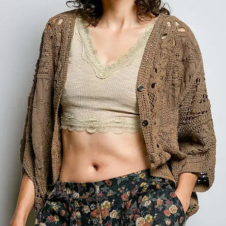 Women's Batwing Sleeve Crochet Top in Powder Cocoa