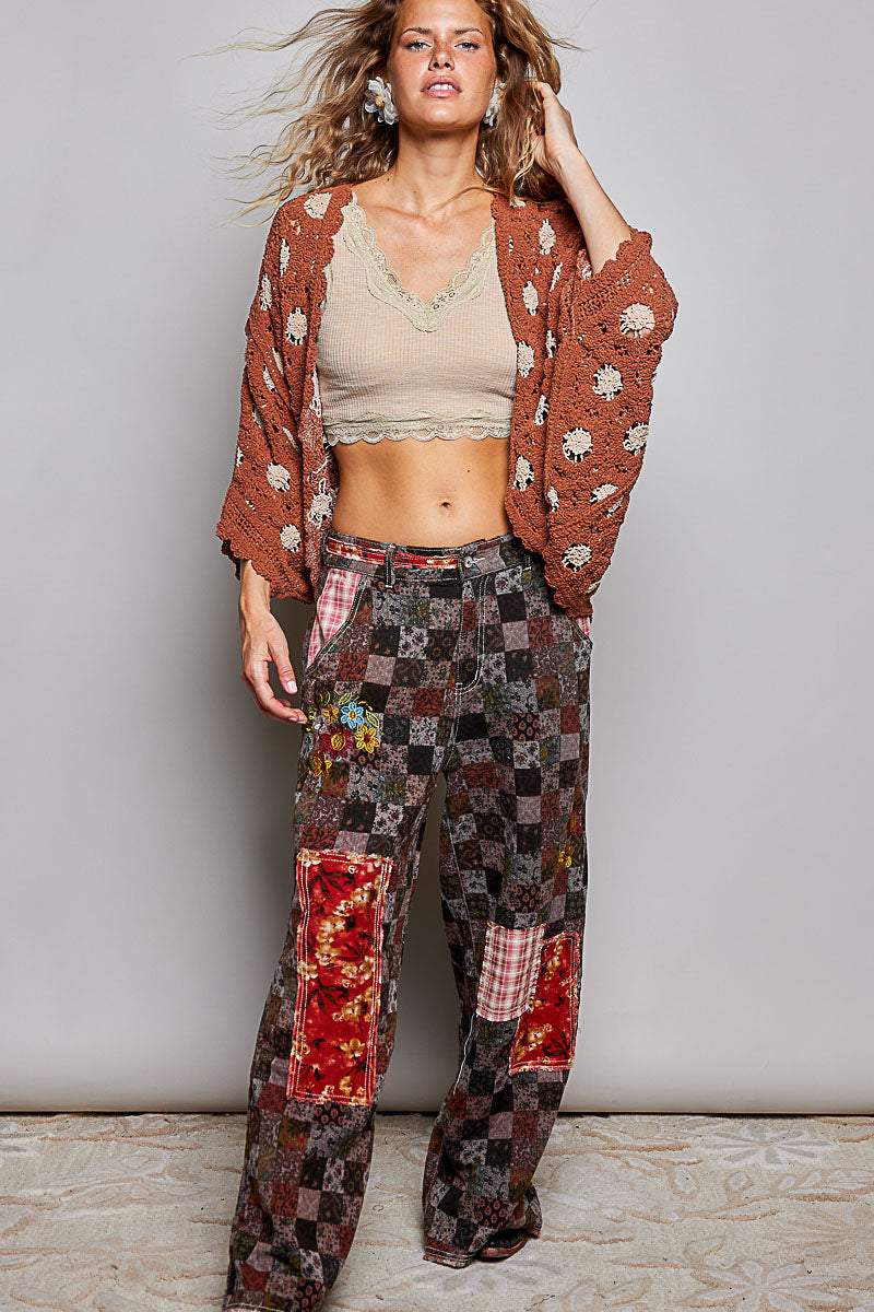 Women's Dolman Sleeve Chenille Crochet Cardigan in Brick/Latte