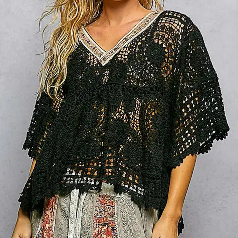 Women's Crochet Knit V-Neck Top in Black