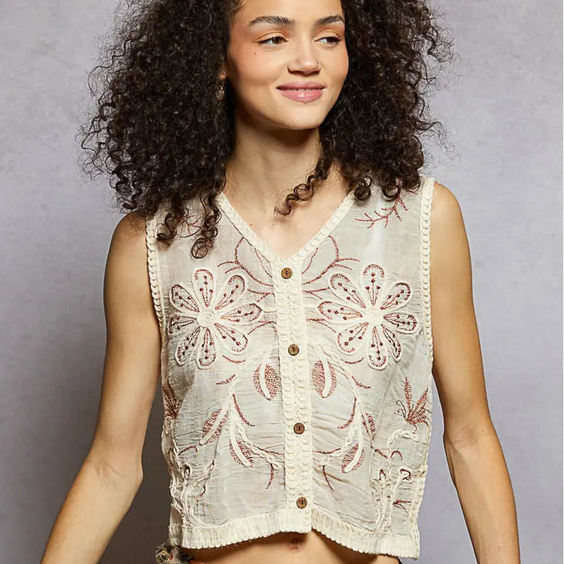 Women's V-Neck Floral Embroidered Crochet Vest in Natural/Brick