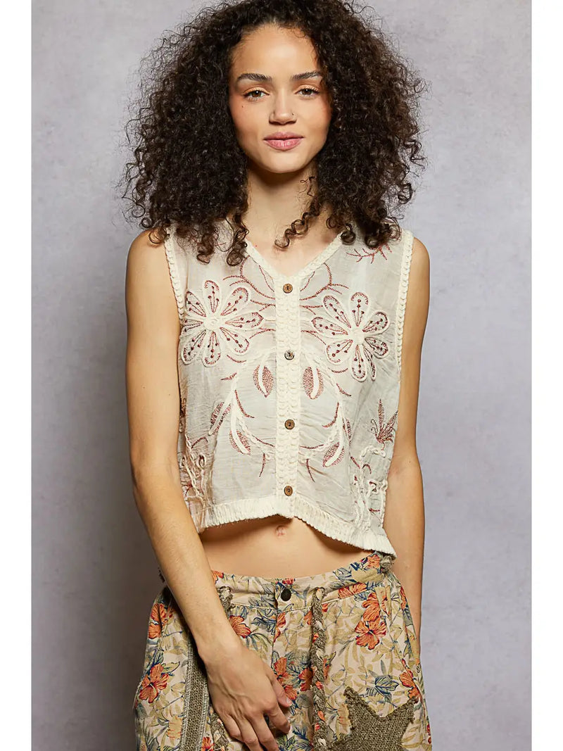 Women's V-Neck Floral Embroidered Crochet Vest in Natural/Brick