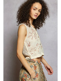 Women's V-Neck Floral Embroidered Crochet Vest in Natural/Brick
