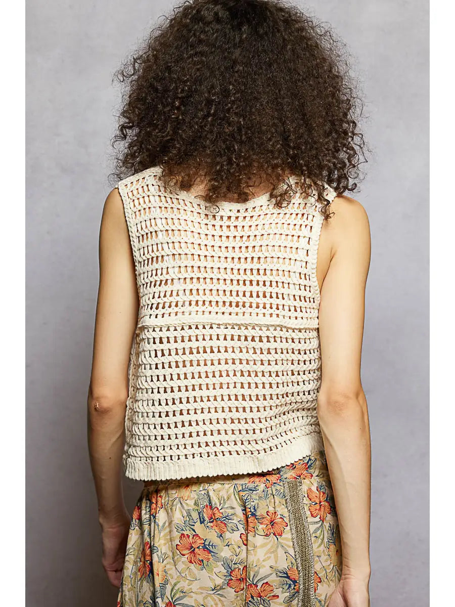 Women's V-Neck Floral Embroidered Crochet Vest in Natural/Brick