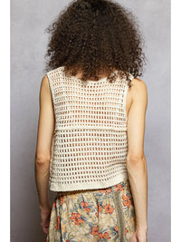 Women's V-Neck Floral Embroidered Crochet Vest in Natural/Brick