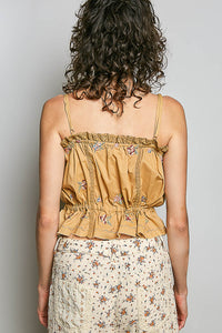 Women's Spaghetti Strap Embroidered Trim Tank in Yellow