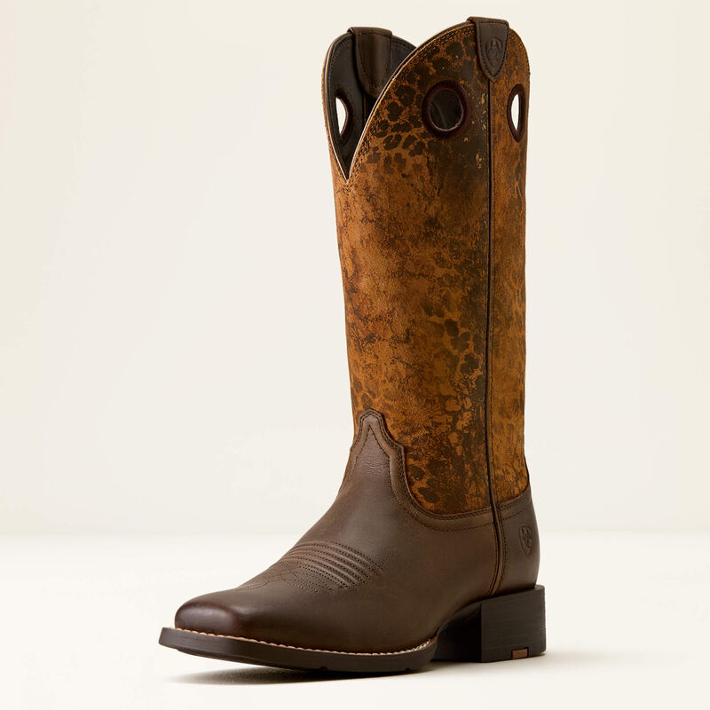 Ariat Women's Round Up Ryder Wide Square Toe Boot in Dark Cacao/ Distressed Leopard