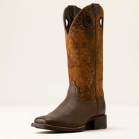Ariat Women's Round Up Ryder Wide Square Toe Boot in Dark Cacao/ Distressed Leopard