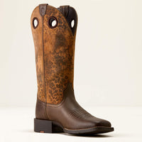 Ariat Women's Round Up Ryder Wide Square Toe Boot in Dark Cacao/ Distressed Leopard