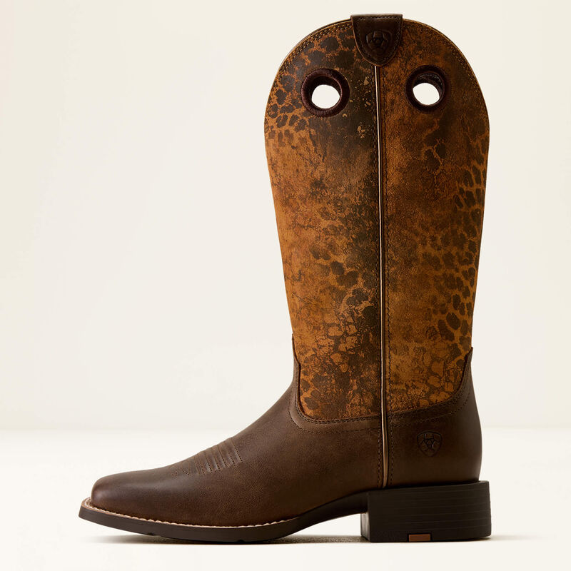 Ariat Women's Round Up Ryder Wide Square Toe Boot in Dark Cacao/ Distressed Leopard