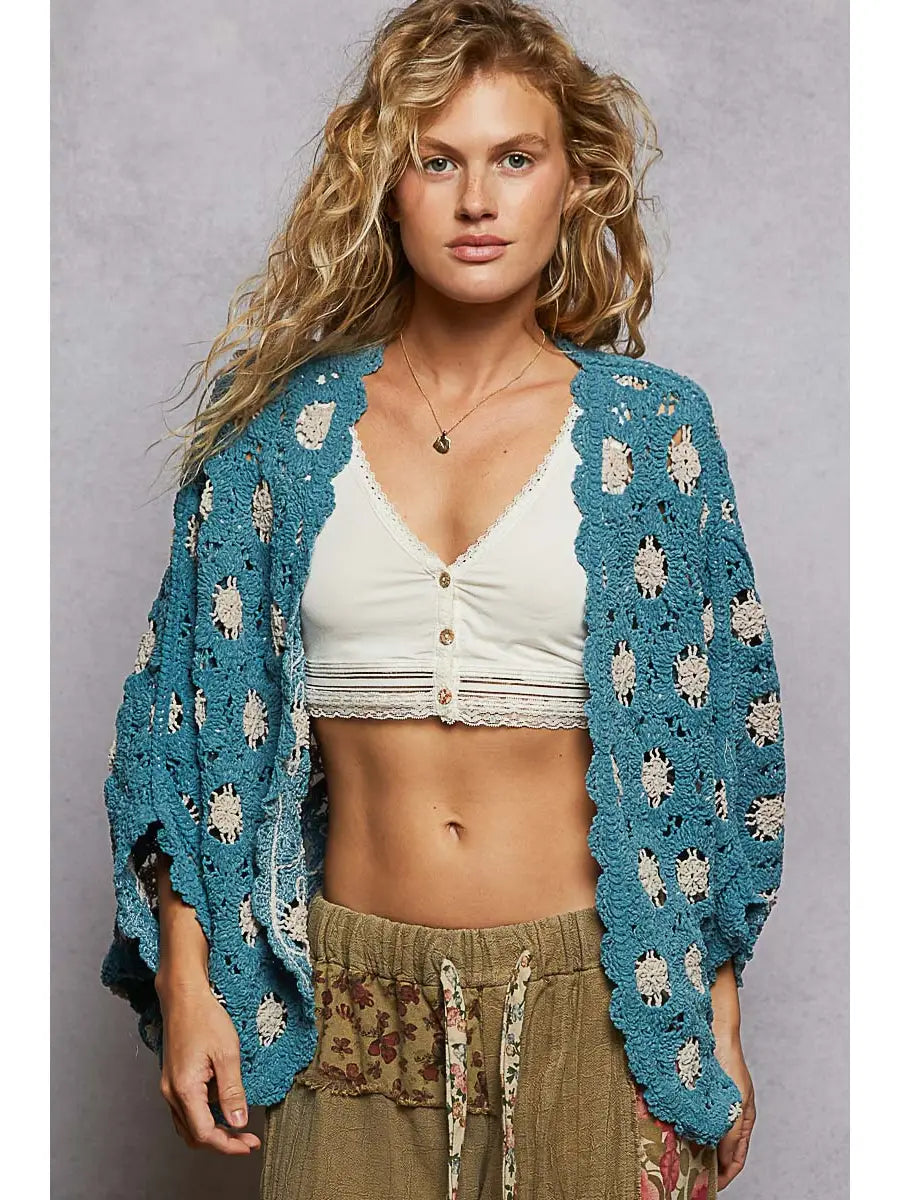 Women's Dolman Sleeve Chenille Crochet Cardigan in Teal Blue/Cream