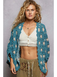 Women's Dolman Sleeve Chenille Crochet Cardigan in Teal Blue/Cream