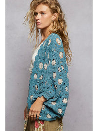 Women's Dolman Sleeve Chenille Crochet Cardigan in Teal Blue/Cream
