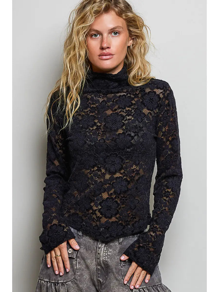 Women's Mock Turtleneck Long Sleeve Top in Black