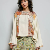 Women's Long Sleeve Boho Mixed Media Top in Cream