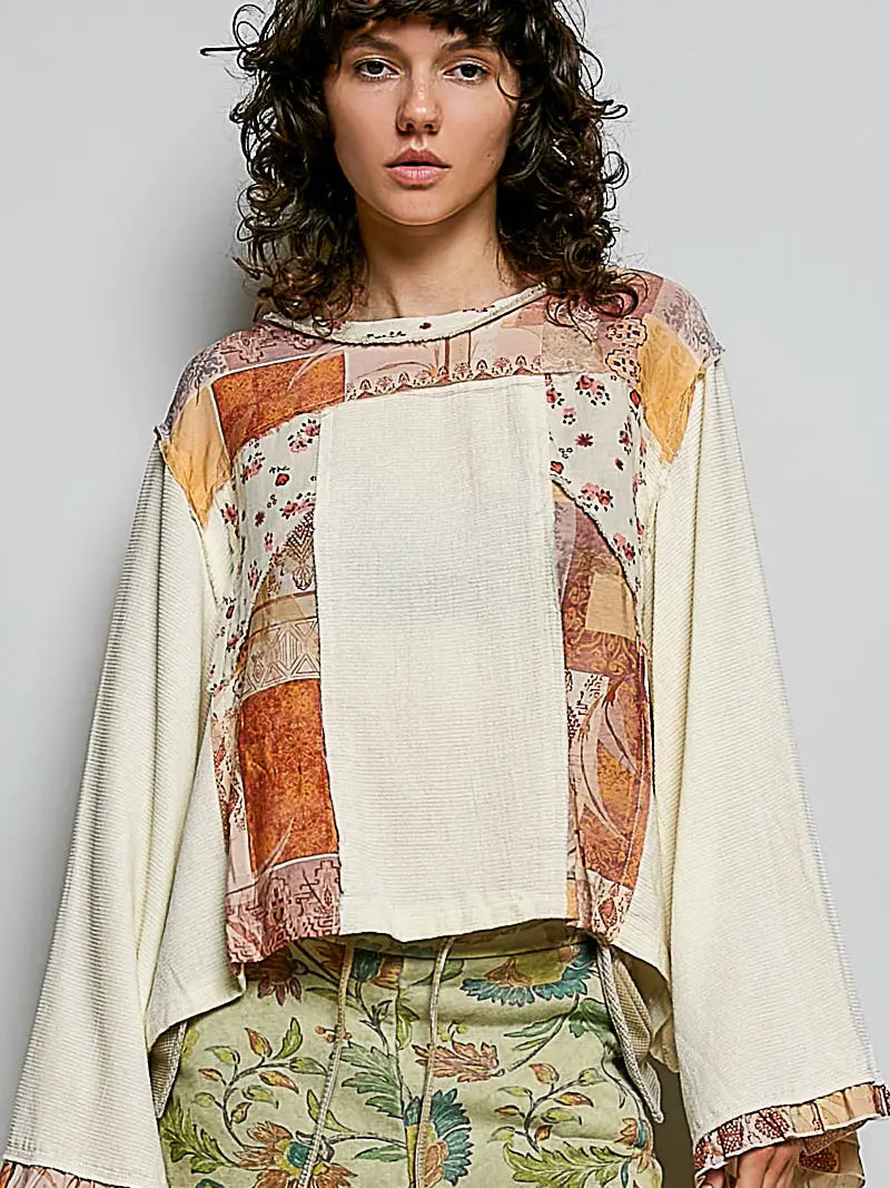 Women's Long Sleeve Boho Mixed Media Top in Cream