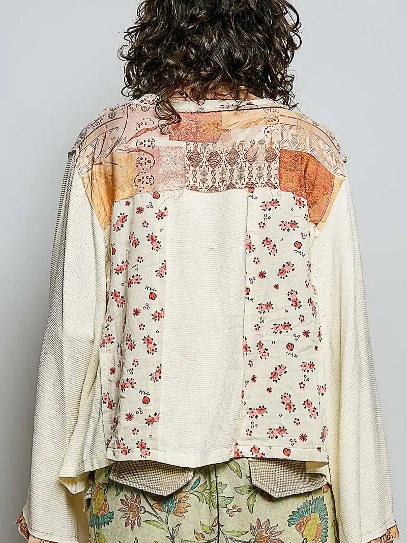 Women's Long Sleeve Boho Mixed Media Top in Cream