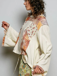 Women's Long Sleeve Boho Mixed Media Top in Cream