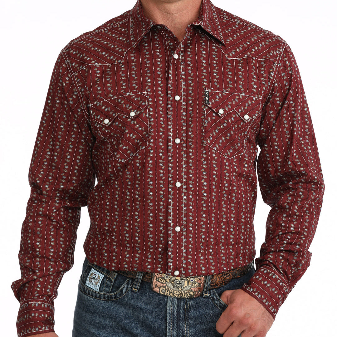 Cinch Men's L/S Modern Fit Western Button Down Shirt in Burgundy