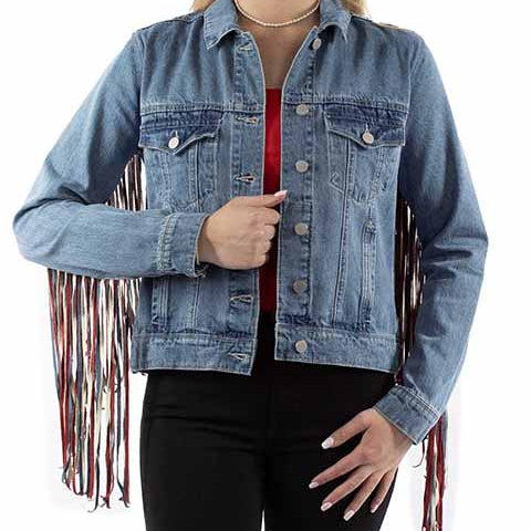 Scully Women's Americana Fringe Denim Jacket in Red, White, and Blue