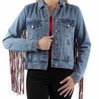 Scully Women's Americana Fringe Denim Jacket in Red, White, and Blue