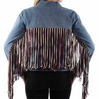 Scully Women's Americana Fringe Denim Jacket in Red, White, and Blue