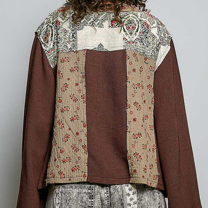 Women's Long Sleeve Boho Mixed Media Top in Chocolate