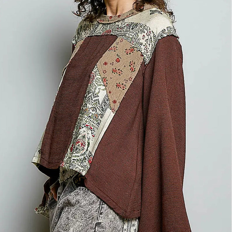 Women's Long Sleeve Boho Mixed Media Top in Chocolate