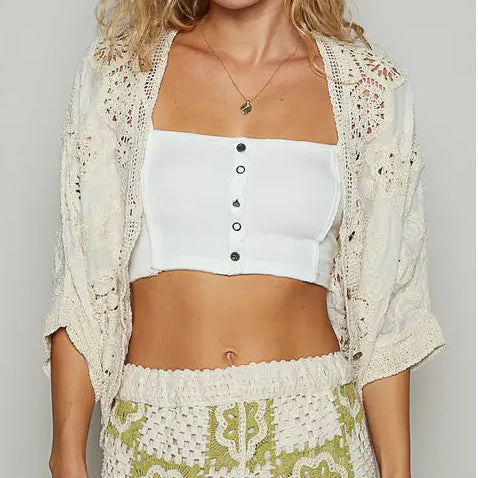 Women's Batwing Sleeve Crochet Top in Natural