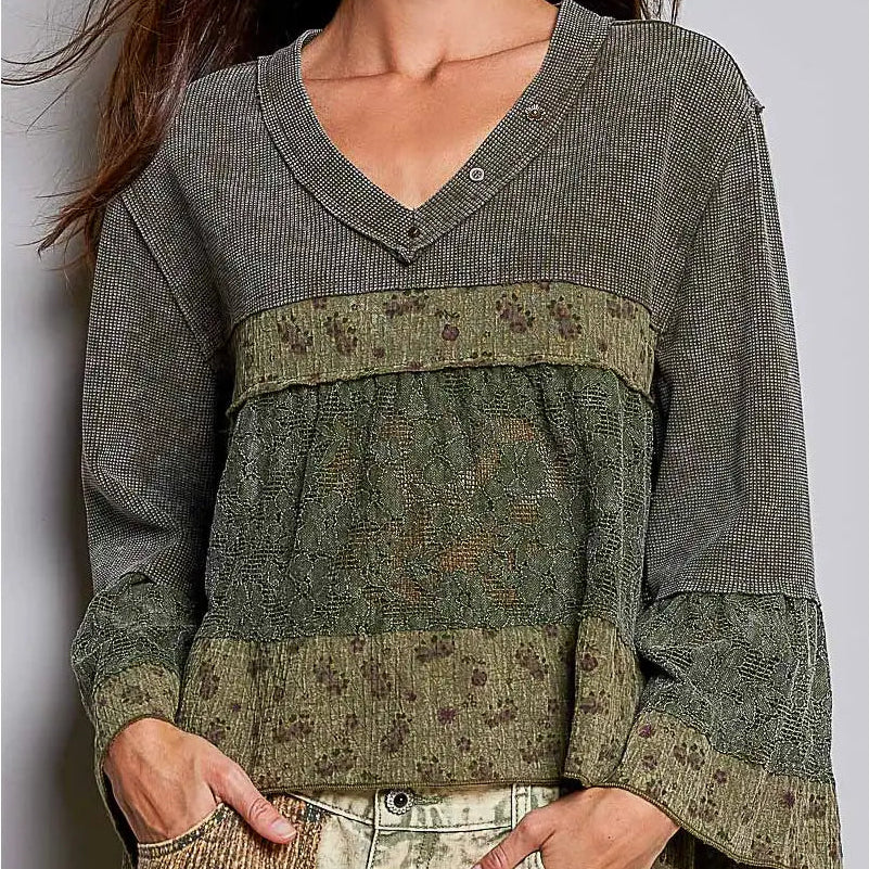 Women's Three-Quarter Flare Sleeve Boho Mixed Media Top in Olive