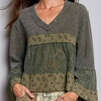 Women's Three-Quarter Flare Sleeve Boho Mixed Media Top in Olive