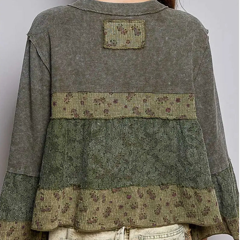 Women's Three-Quarter Flare Sleeve Boho Mixed Media Top in Olive